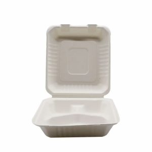 Biofpack,B036-3C,Biodegradable sugarcane bagasse disposable Box,8"*8"3-C Hinged Container,38g,White,400Pcs/box