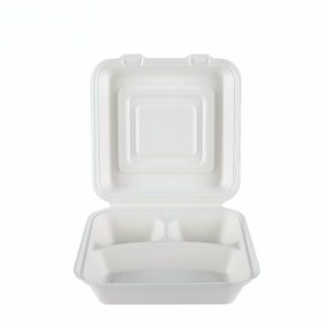 Biofpack,B032,Biodegradable sugarcane bagasse disposable Box,9"*9" 3-C Hinged Container,45g,White,200Pcs/box