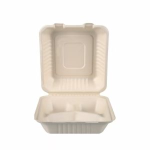 Biofpack,B037-3C,Biodegradable sugarcane bagasse disposable Box,9"*9"3-C Hinged Container,42g,White,400Pcs/box